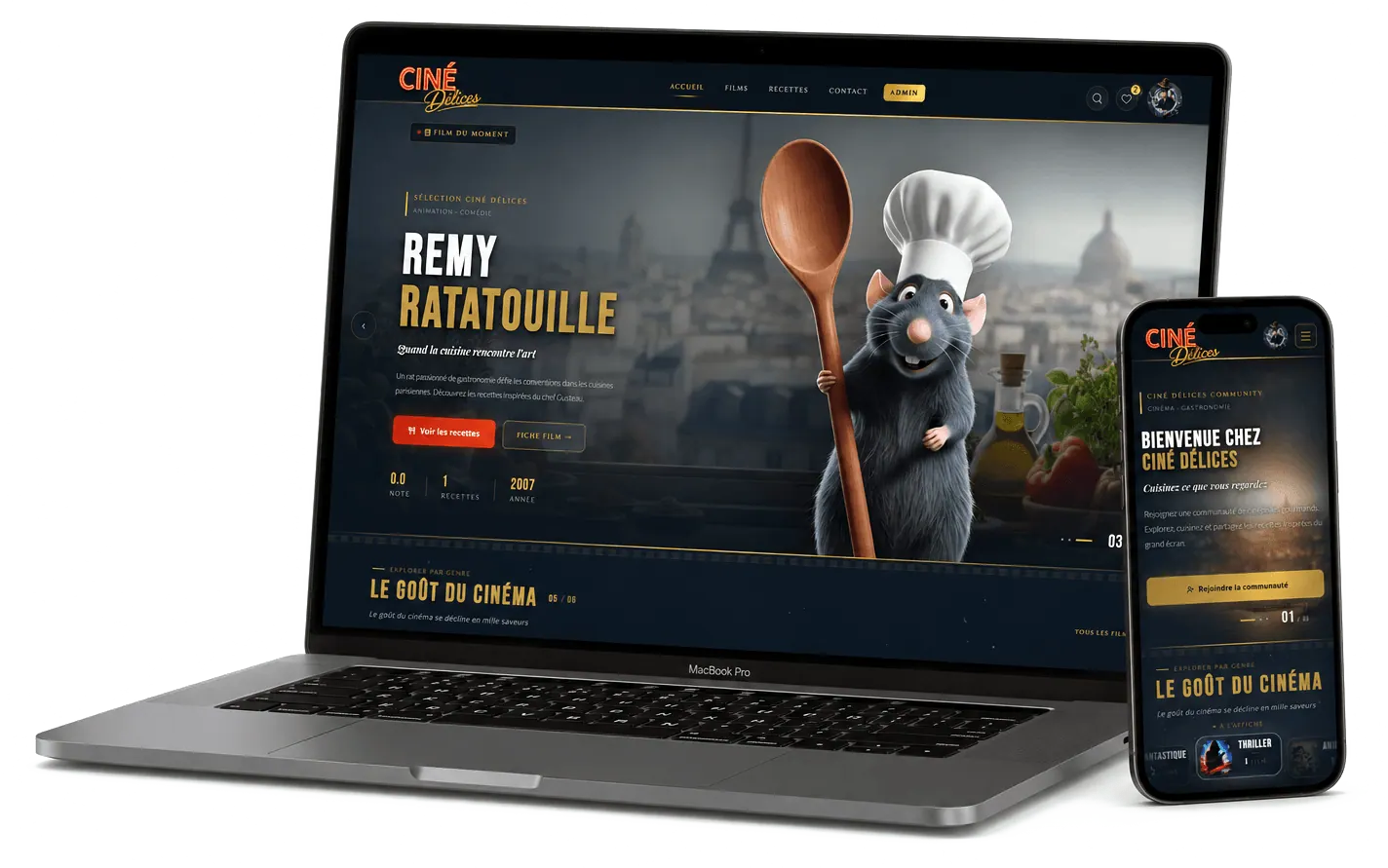 Ciné Délices, page d'accueil sur ordinateur et mobile